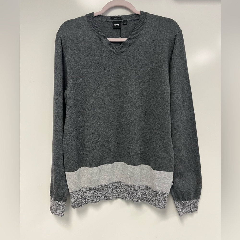 Hugo Boss‎ Gray 3 Tone Cotton V-Neck Sweater Sz. L NWT - Picture 2 of 10
